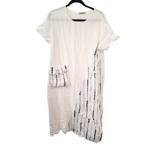 Beyond Capri White & Black 100% Linen Midi Dress Asymmetrical Print One Size